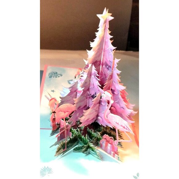 3D Christmas Card Flamingo Tree Santa Pink - Picture 8 of 14